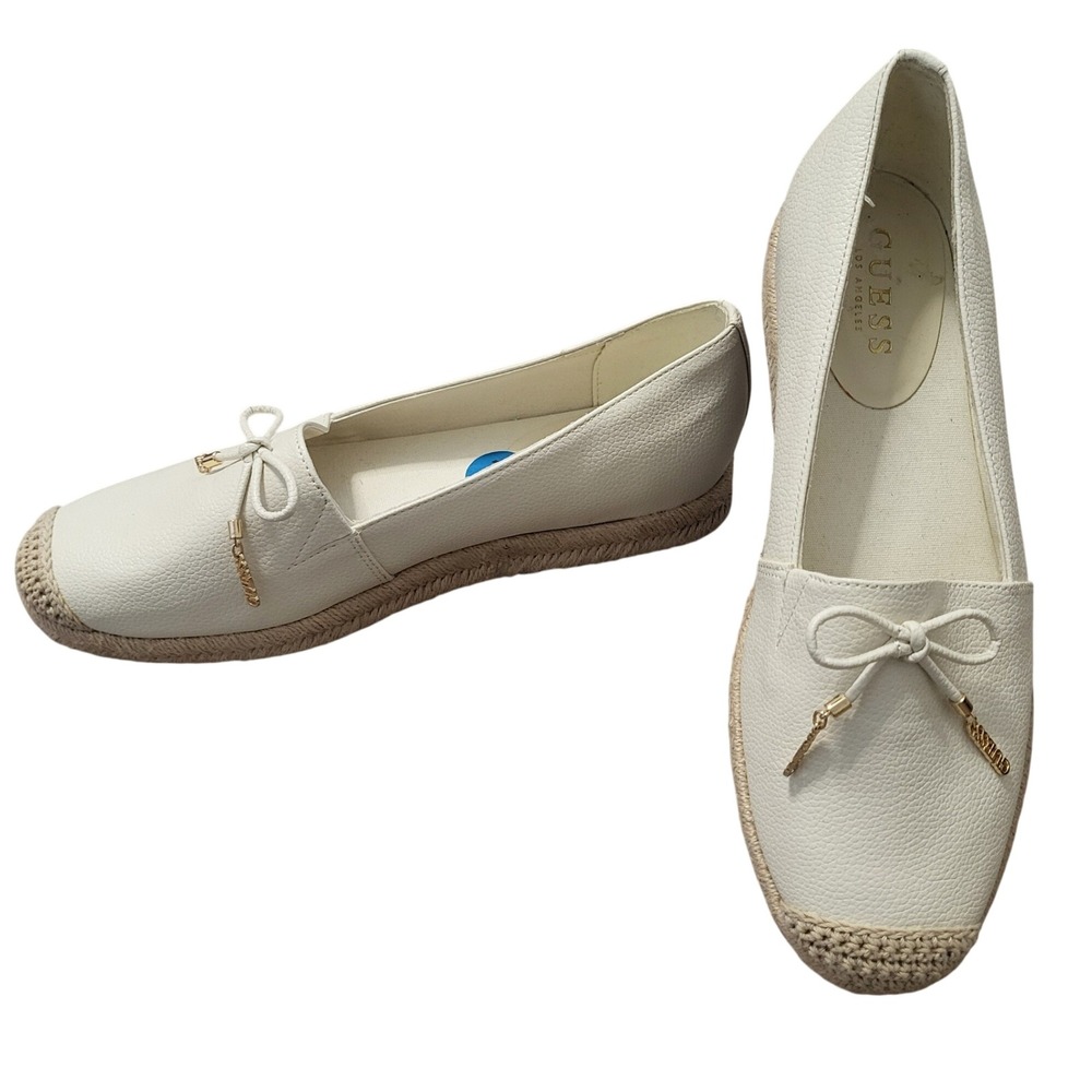 Guess Los Angeles Womens White Pebbled Espadrille Flats Bow Gold Logo Size 10